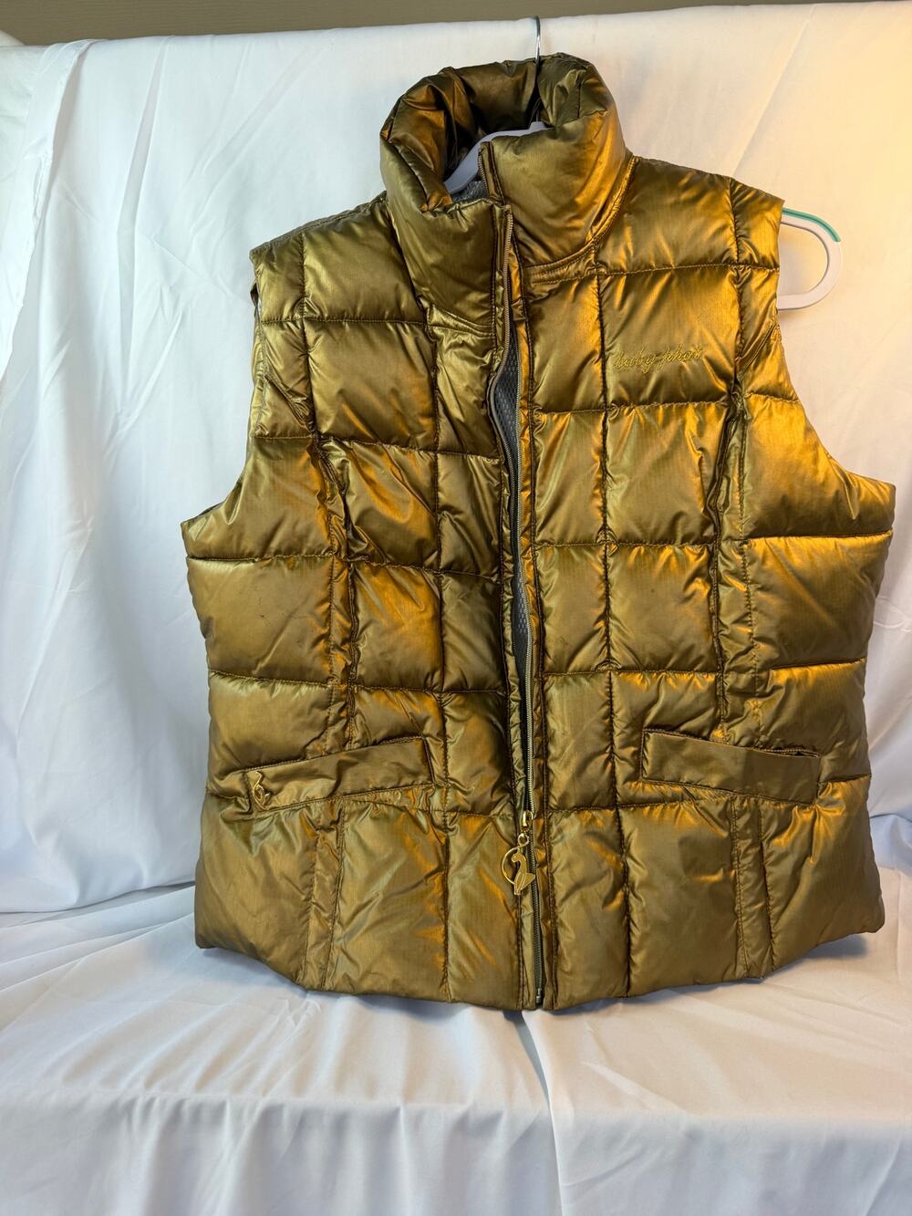 Baby Phat metallic Gold Puffer Jacket Women's Quilted XL Embroidered